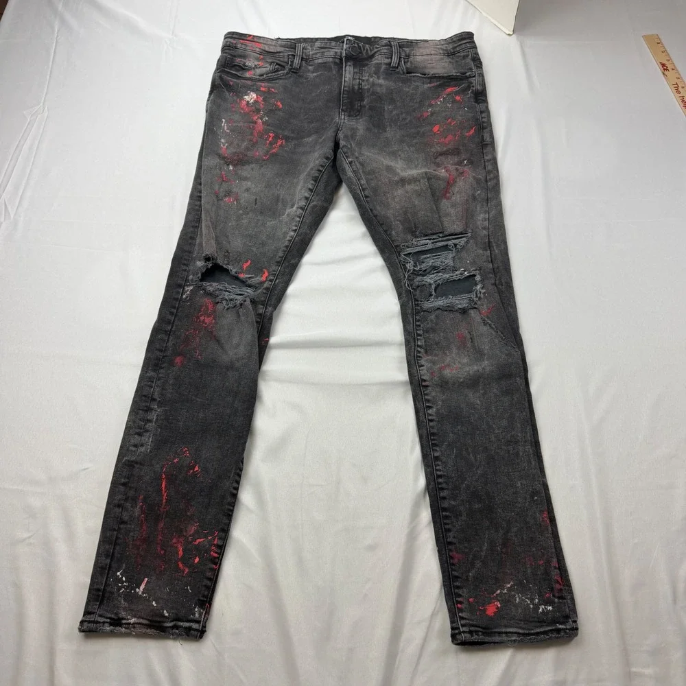 Jordan Craig Ross Fit Jeans Mens 38x33 Black Distressed Red Paint Splatter JR101